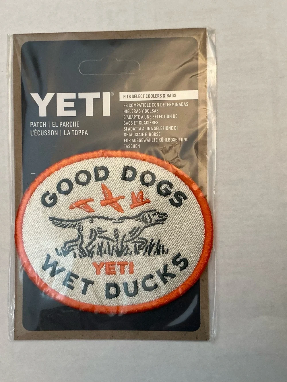 YETI Good Dogs Wet Ducks Embroidered Patch - Orange, White, Black